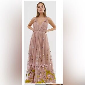Tulle Maxi Dress with Delicate Floral Embroidery and Twist Straps